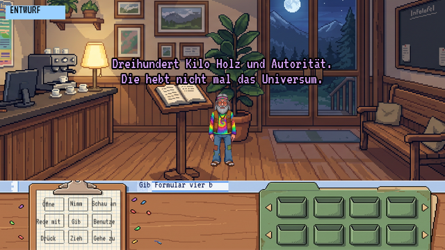 Der Empfang der Klinik mit Empfangstheke, Besucherbuch und Urs, darunter die Verben und Inventar