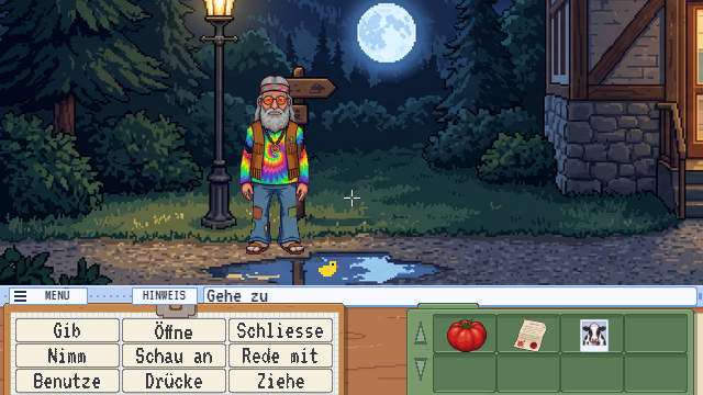 Rampe von Haus Lehn bei Nacht, Vollmond, Urs mit Batik-Hemd auf dem Weg, darunter die Verben und das Inventar