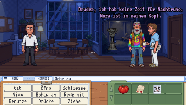 Café der Klinik bei Nacht, Urs zwischen zwei Männern, Sprechtext oben