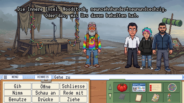 Schlammiger Strand mit alter Bühne, Urs und drei Gefährten, Sprechtext über Woodstock