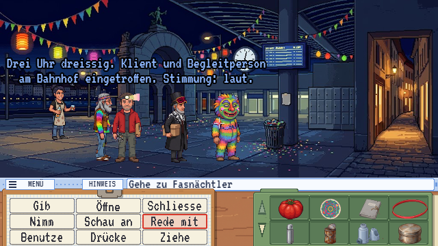 Bahnhof Luzern an der Fasnacht mit Wimpeln und Laternen, Urs, Toni und Fasnächtler mit grosser Maske